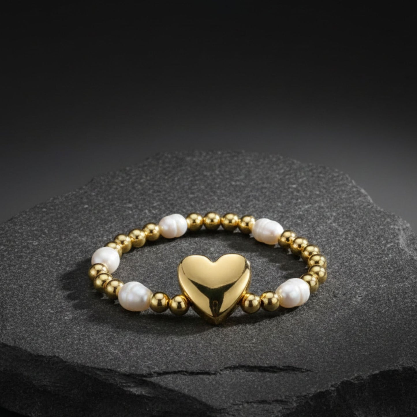 Pulsera Elástica Corazón con Perlas y Bolitas de Oro