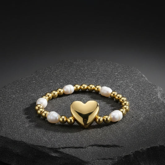 Pulsera Elástica Corazón con Perlas y Bolitas de Oro
