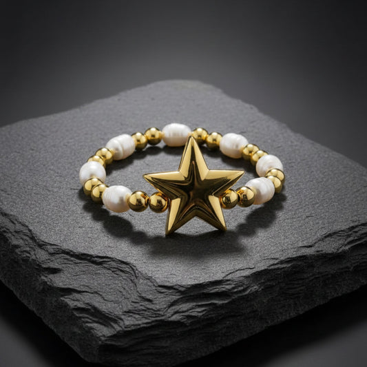 Pulsera Elástica Estrella con Perlas y Bolitas de Oro